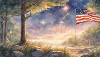 A glowing american flag in a serene landscape on Independence Day