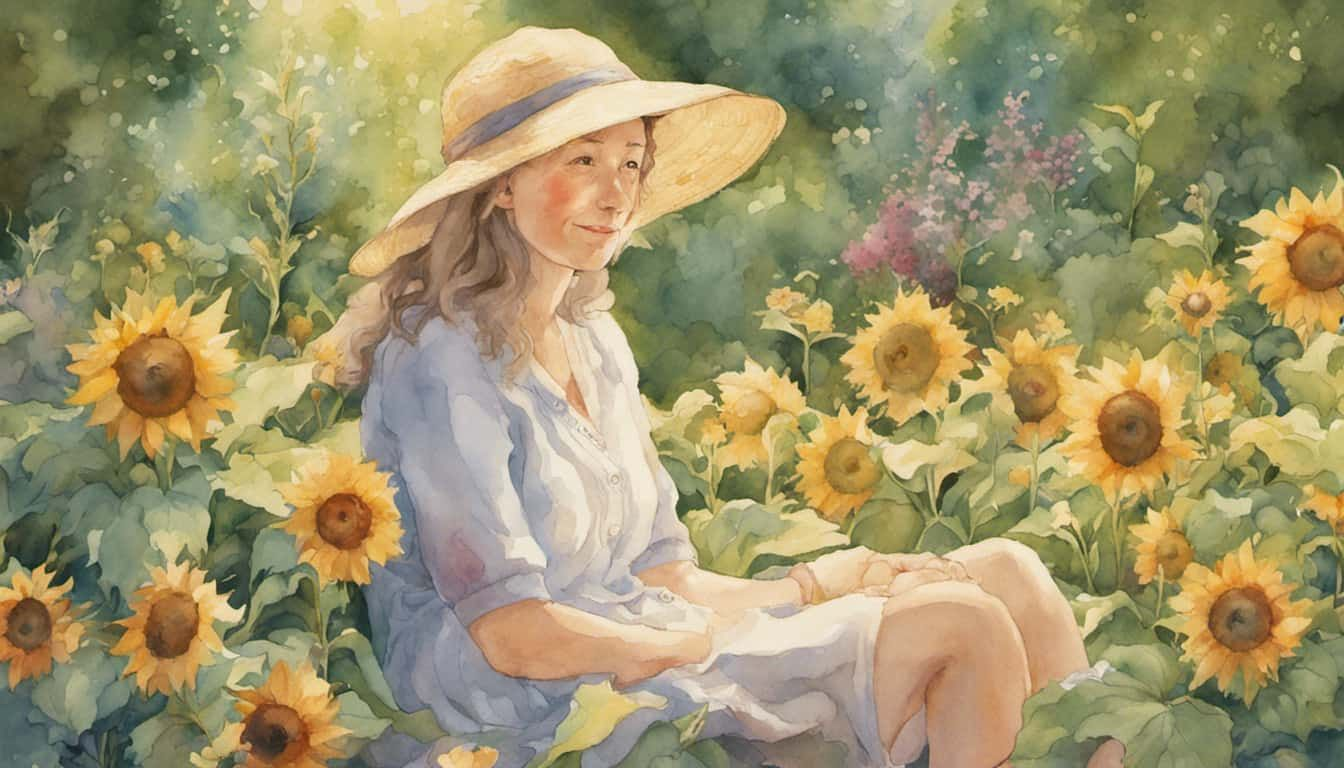 A serene summer garden full of blooming, allergenic flowers with a woman finding solace amid nature