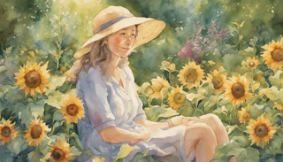 A serene summer garden full of blooming, allergenic flowers with a woman finding solace amid nature