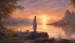 Altar server in a serene nature setting with sunset