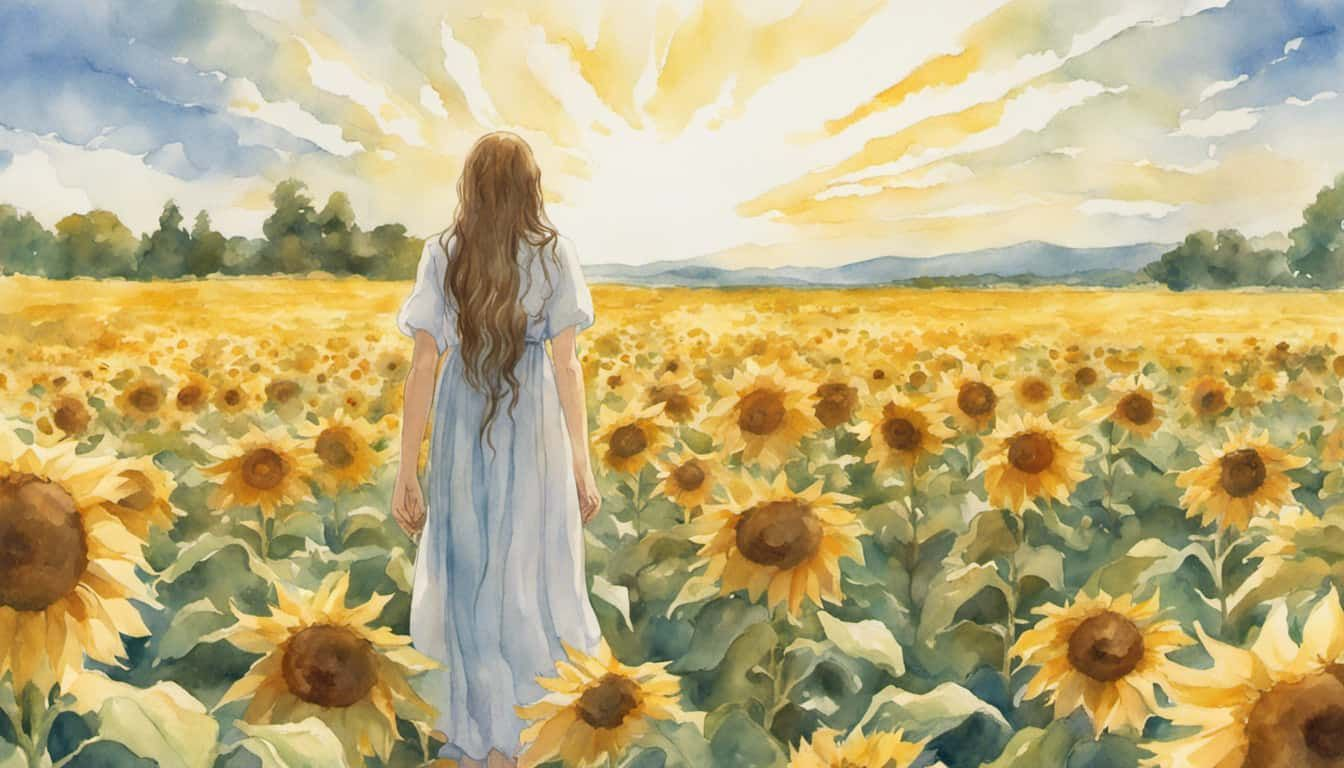 A kneeling woman praying in a serene sunflower field under the clear blue sky of August