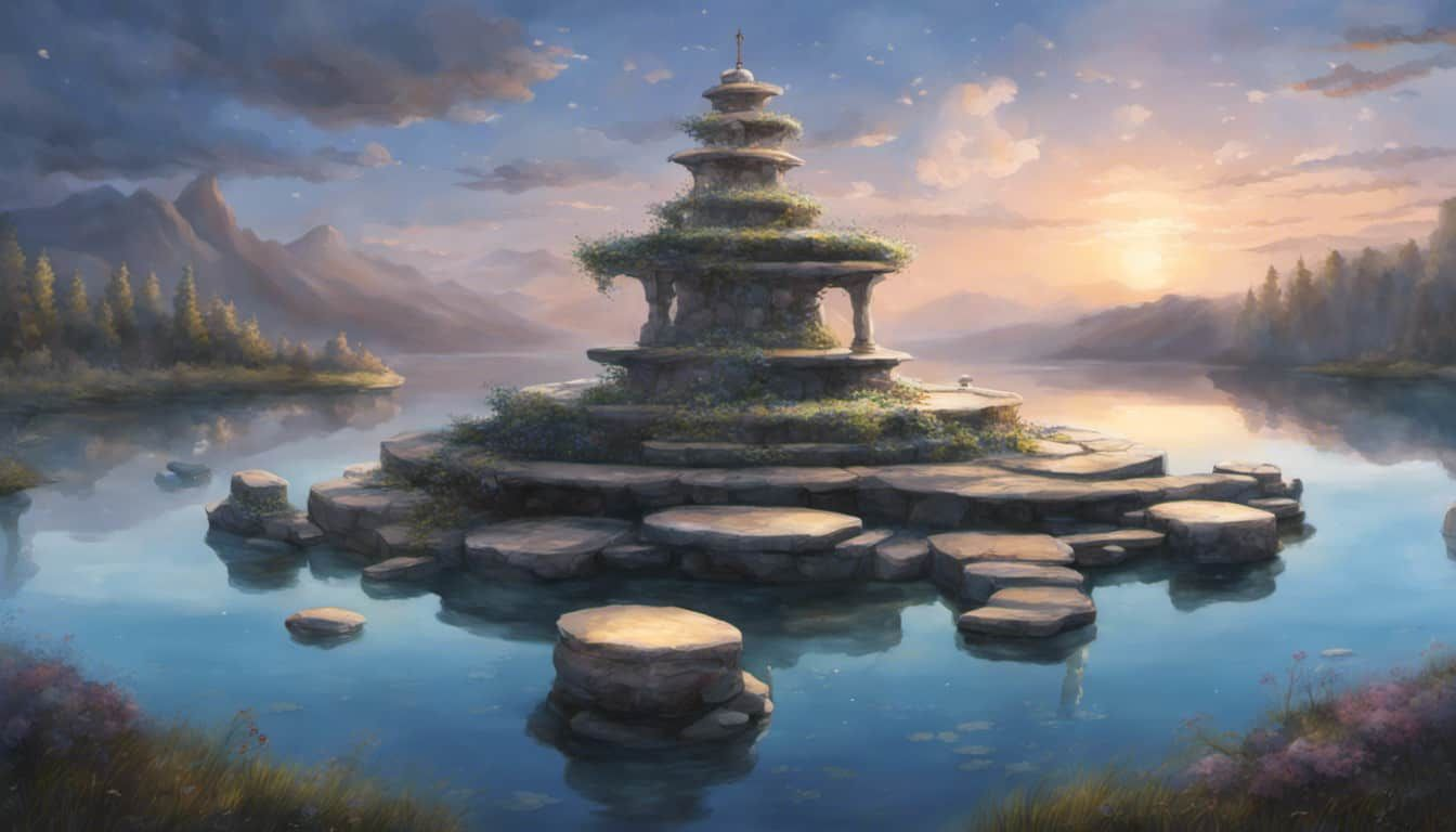 Image of scales balancing stones and water, representing justice and tranquility