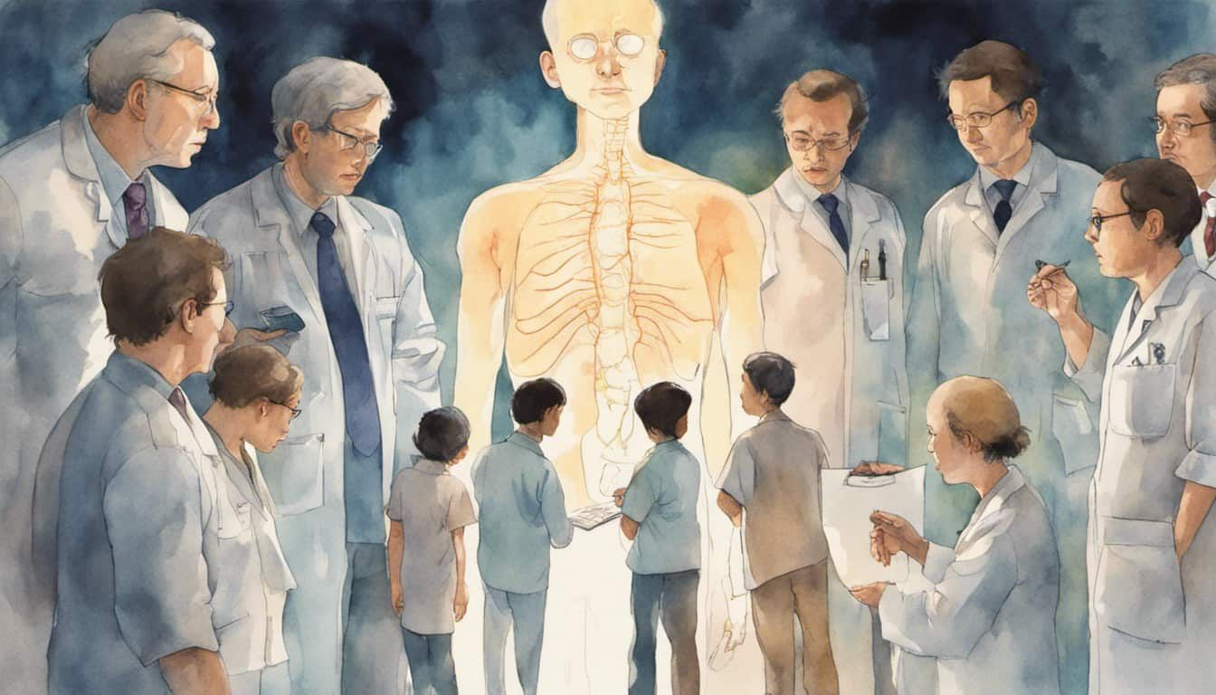 Medical professionals discussing over a highlighted adrenal gland against a body's silhouette