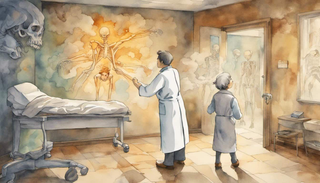 A doctor showing a patient x-rays of bone cancer, with rays of hope symbolizing battles in the background
