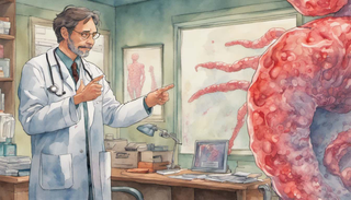 Doctor explaining colon cancer to a patient using a 3D rendering of colon with tumorous growth