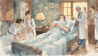 Sick man resting in bed with loving care and medical professionals fighting against giant virus organisms