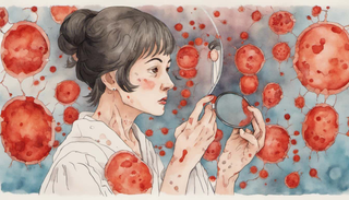 A woman looking at herself in the mirror, holding a losing hair strand, posters on mirror depicting cancer cells and healthy blood cells