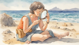 A woman examining her skin under a magnifying glass on a sunny beach