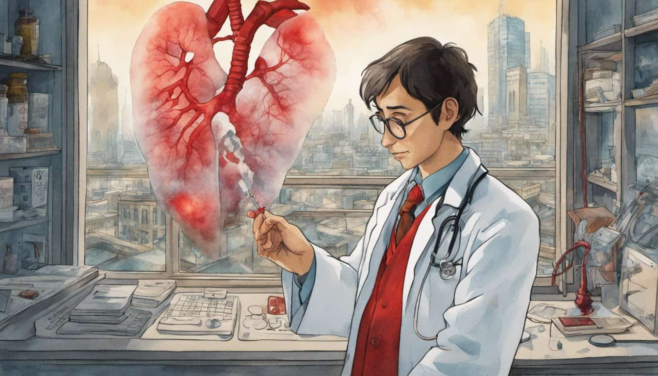 Doctor in white lab coat examining an X-ray image of lungs, with red mark indicating tuberculosis, against a backdrop of city landscape.
