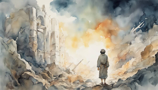 Person standing in a rigid, prayerful pose in a war-zone, intensely locked in spiritual warfare