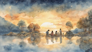 A diverse group of people gathered by the waterside at sunset, beams of light piercing through indigo clouds overhead