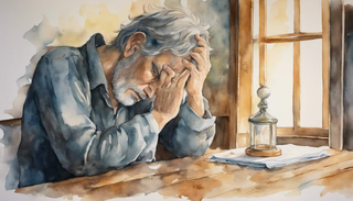 A grief-stricken husband praying, with a discarded wedding ring in the foreground