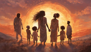 Blended family standing united against the setting sun
