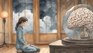 A woman looking at a brain model enclosed in glass with stormy clouds reflected on it