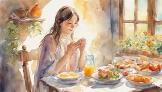 A joyful woman praying before a nutritious breakfast on a sunny morning