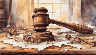 Broken wooden gavel symbolizing false accusations surrounded by prayer hands