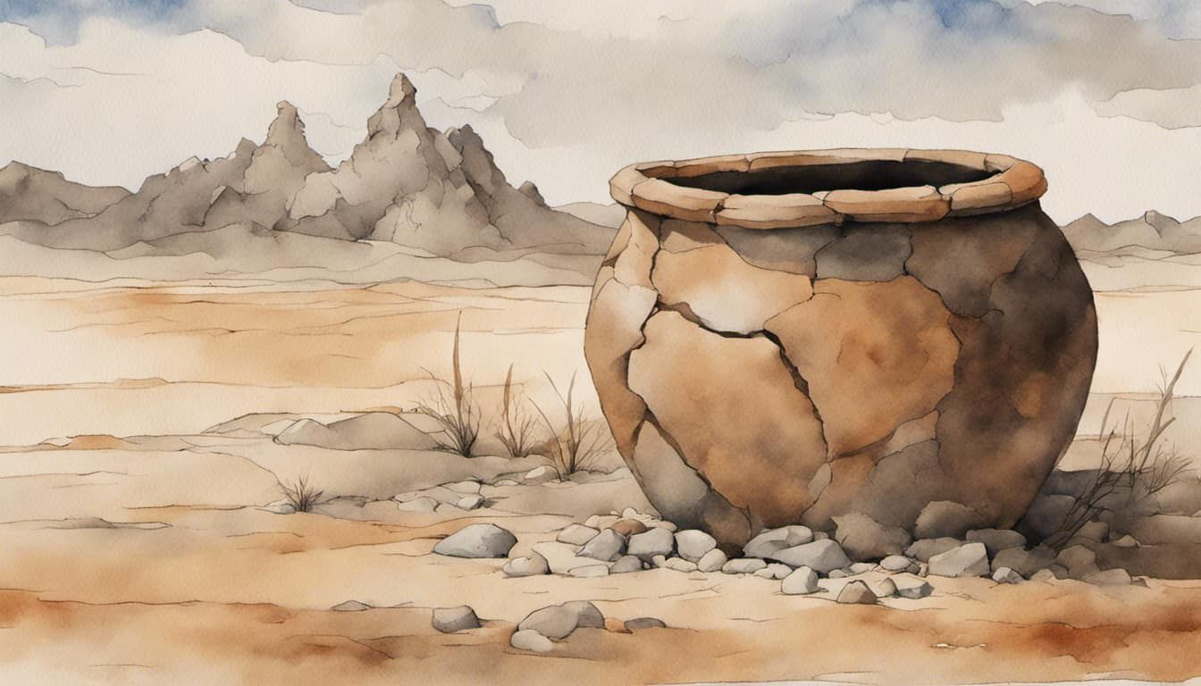 Cracked clay pot on thirsty earth under a gentle rain