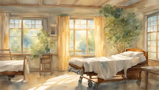 A serene hospital room with sunlight streaming in, illuminating a figure passing through a door, suggesting the unseen power of prayers for surgery