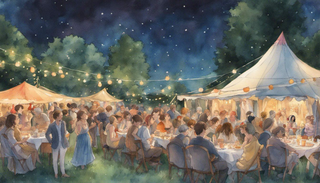 A lively outdoor party with a twinkling night sky overhead and a lantern-lit tent below, and uplifting energy flowing upwards symbolizing prayers
