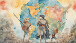 Two adults, one holding a shield metaphor of the human immune system and another holding a spear representing HIV, ready to clash in a symbolic battle on a background with world map.