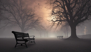 A figurative pathway illuminated by a comforting light, with an empty bench symbolizing loss