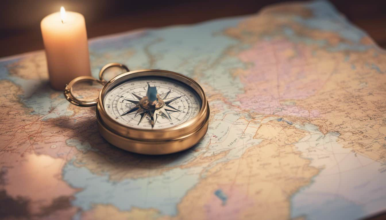Compass on a scattered map symbolizing a journey