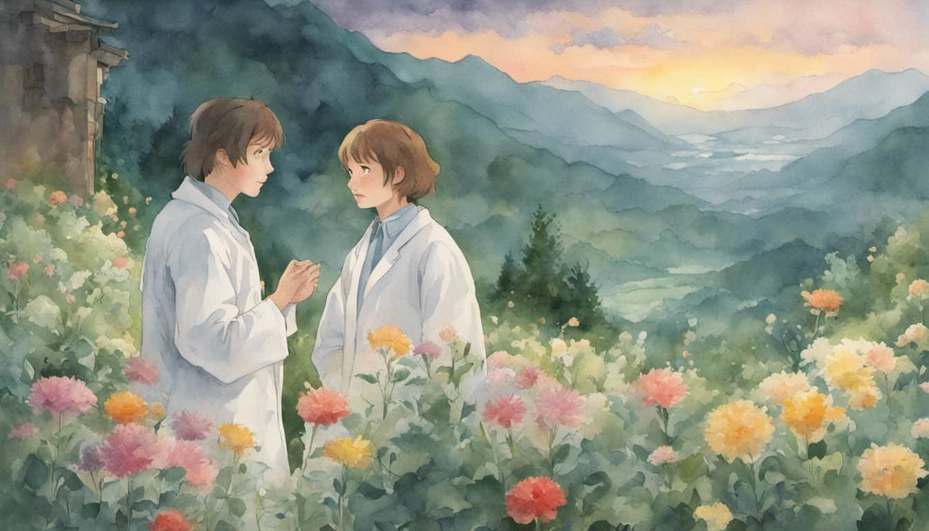 A heartfelt scene portraying doctors in a serene landscape, involved in different caring aspects and displaying a soulful interaction