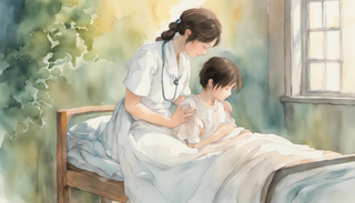 A nurse tenderly comforting a young patient