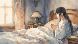 A young woman by her uncle's bedside, holding his hand and praying