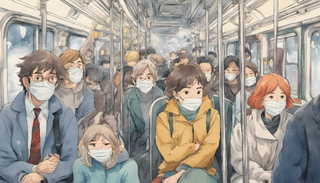 A crowded subway scene, the characters wearing masks, their worried eyes visible, a single sneeze captured in time as tiny particles spread around the surroundings.