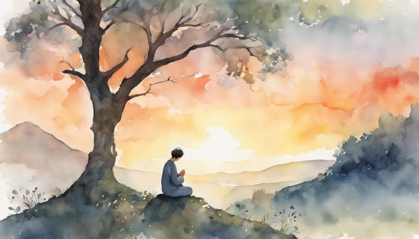 A solitary figure deeply engaged in prayer sitting in an outdoor setting during sunrise