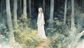 A serene scenery of a woman in white glowing against a dimly lit forest, releasing a dark cloud towards the crescent moon