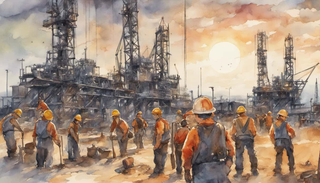 Oilfield workers at dawn