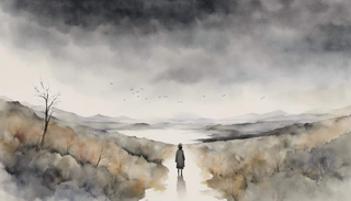 A figure standing at the beginning of a bleak, overcast path that leads towards a radiant, hopeful horizon