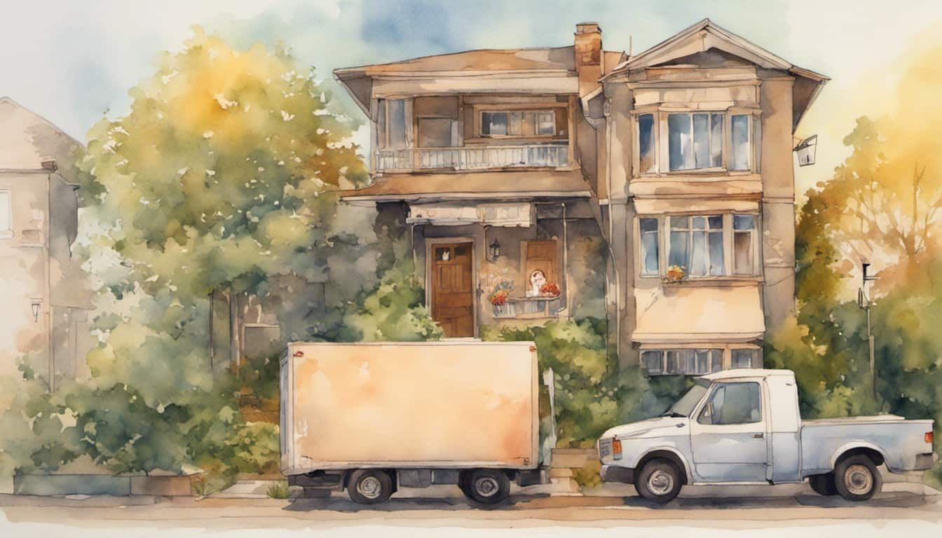 A suburban house scene where a moving truck is parked outside one house