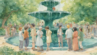 Individuals of different ethnicities, races, and backgrounds forming a circular chain around a cascading fountain in a park