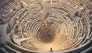 A man journeying towards a beam of light in a labyrinth