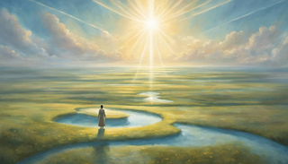 Person standing in front of life paths under divine light