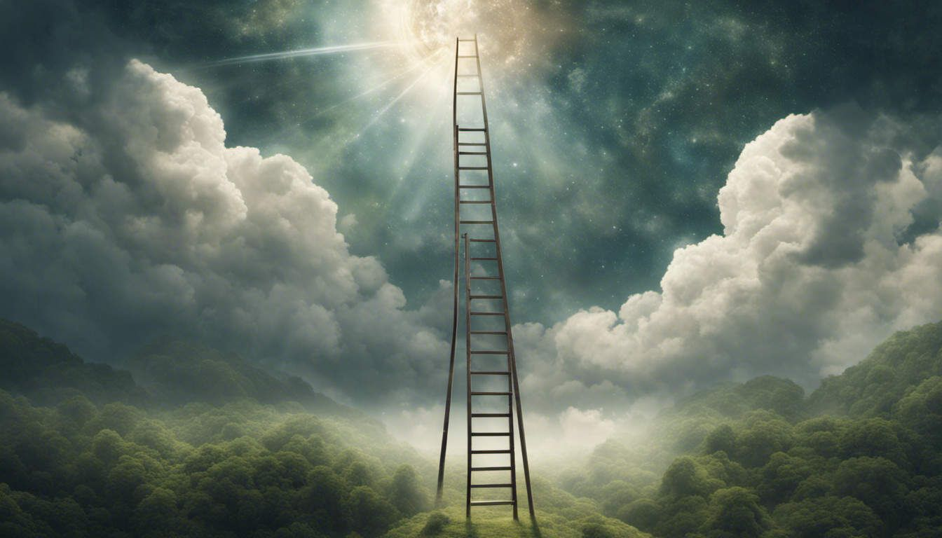 Illustration of divine beams guiding a ladder to success