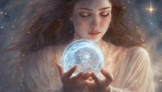 Mother's loving gaze on a glowing orb symbolizing her womb
