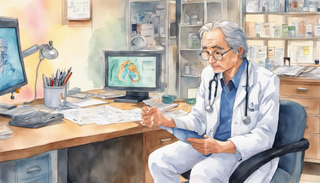 Doctor showing esophageal cancer diagram to patient in office