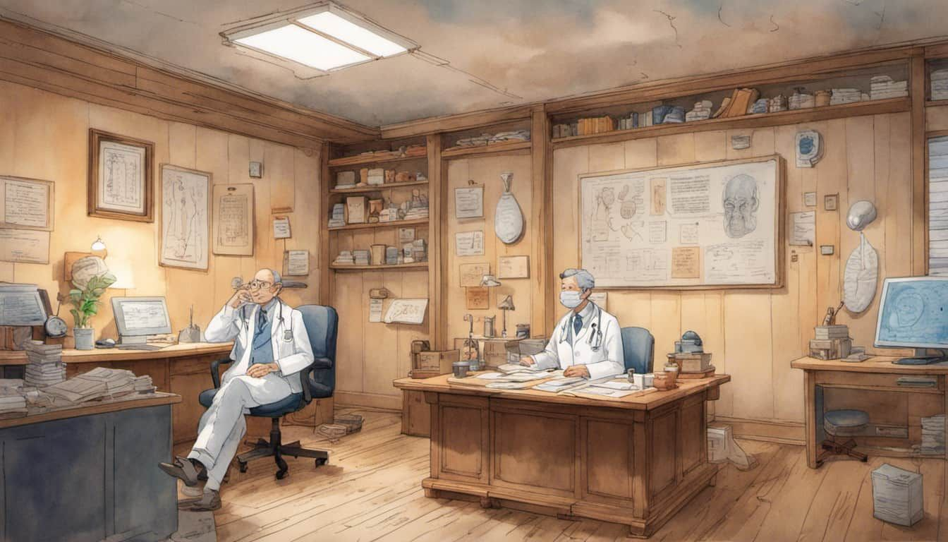 Doctor and patient discussing bladder cancer with medical illustrations