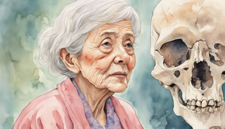 An elderly woman, touching her hip and grimacing with pain, standing next to a close-up cross-section of a bone illustrating osteoporosis