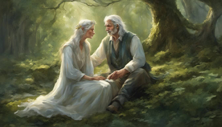 Elderly couple in serene nature scene