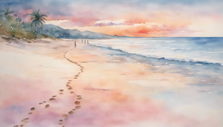 A vivid sunrise over a serene beach with footprints leading towards the deep blue ocean.