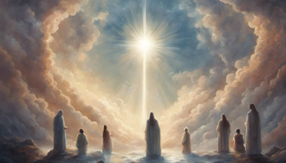Diverse group of people under a divine light, symbolizing empathy, compassion, blessings, and strength without explicit religious symbolism