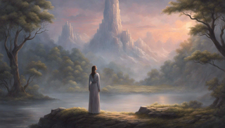 Woman shining with inner light in a serene landscape
