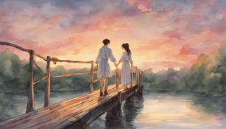 Engaged couple standing on a bridge, gazing at the setting sun reflected on a calm river below
