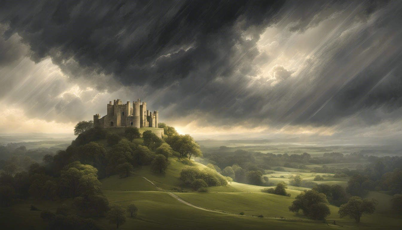 Light breaching dark clouds over England landscape