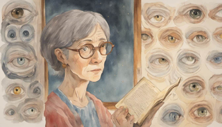 A woman looking at her eye's reflection on a mirror, open book portraying different stages of eye cancer beside her.